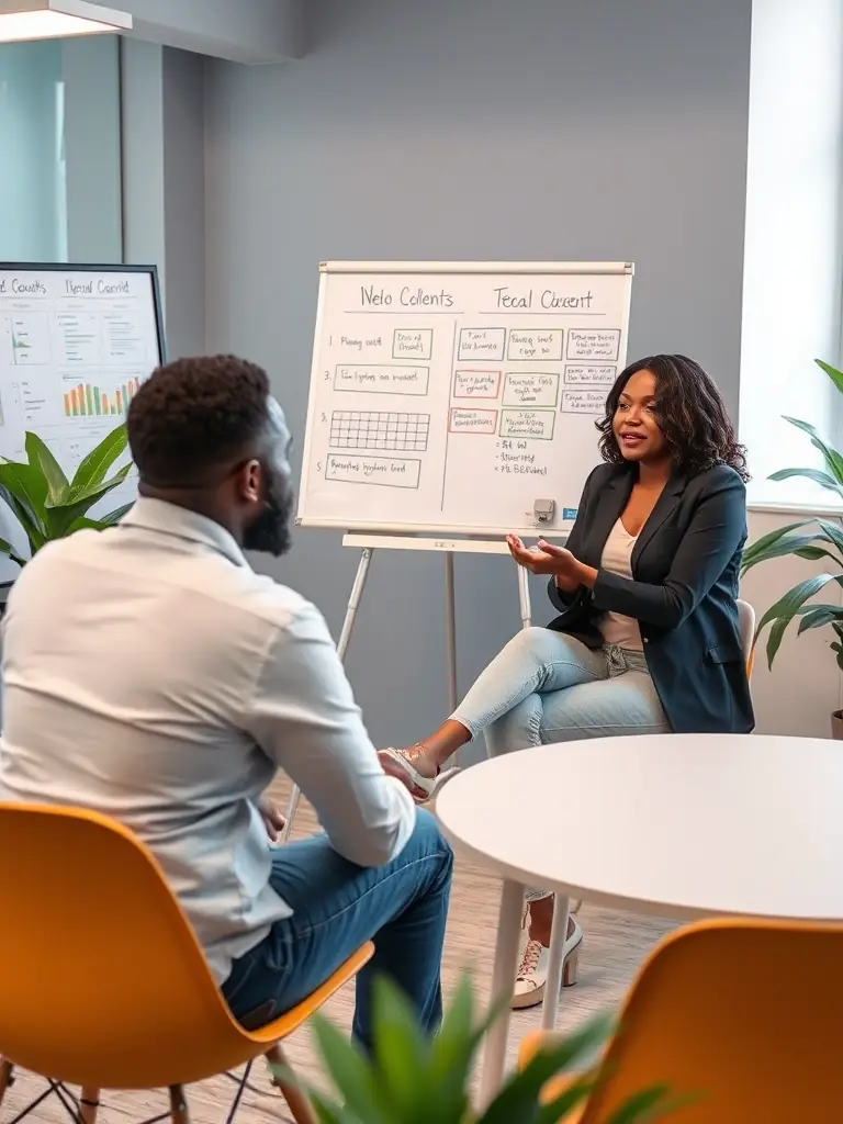 A business coach facilitating a one-on-one session with a client in a co-working space in Durban, South Africa, focusing on goal setting and personal development.